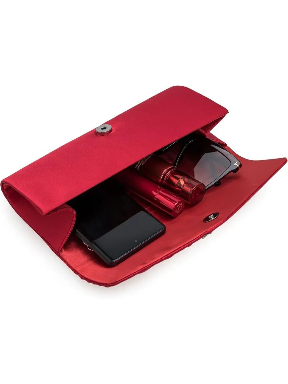 Women's Red Crystal Embellished Pleated Satin Clutch Purse For Evening Bag